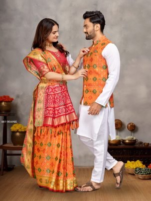 New Orange Couple Combo  Saree With Kurta Set