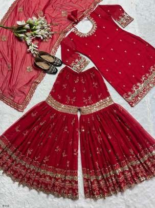 New Party Wear Look Cotton Red Suit Sharara and Dupatta