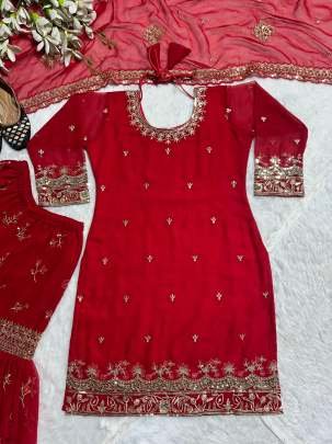 New Party Wear Look Cotton Red Suit Sharara and Dupatta