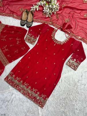 New Party Wear Look Cotton Red Suit Sharara and Dupatta