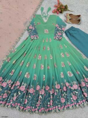 New Party Wear Mint Georgette Embroidery work Gown