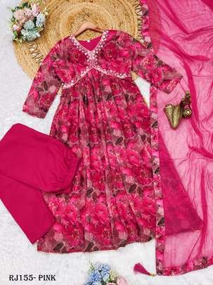 New Party Wear rani Pink Alia Cut Gown Pant With Dupatta