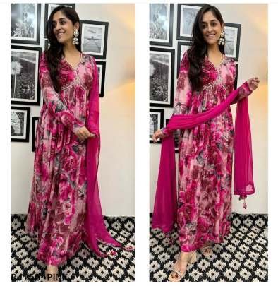 New Party Wear rani Pink Alia Cut Gown Pant With Dupatta