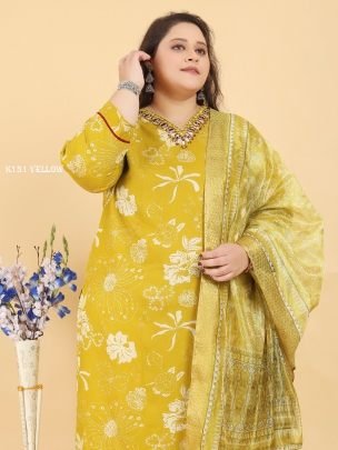 New Premium Riyon Fabric Yellow Big Size Kurti 