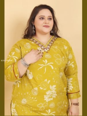 New Premium Riyon Fabric Yellow Big Size Kurti