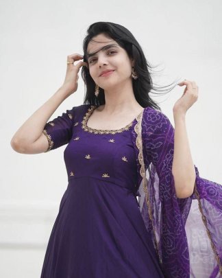 New Purple Bandhani Anarkali With Dupatta