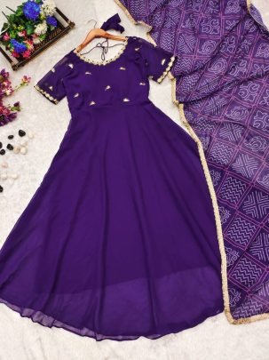 New Purple Bandhani Anarkali With Dupatta