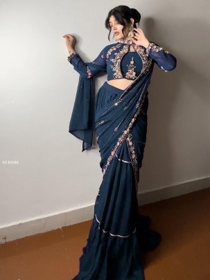 New Rama Saree With Embroidery Work   Mirror Work