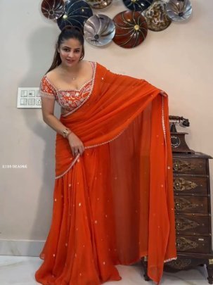 New Ready To Wear Ruffle Style Orange Lehenga Saree