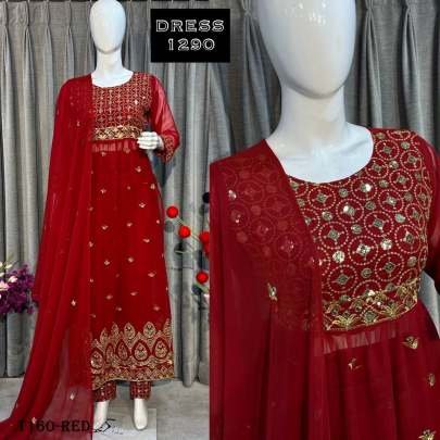 New Red Georgette With Design Kurti Pant Dupatta Set