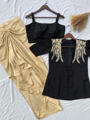 New Style Golden Dhoti Black Blouse With Blazer Indo Western