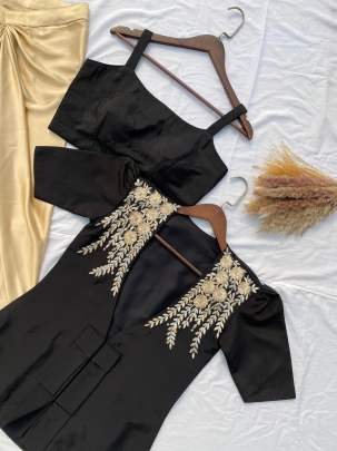 New Style Golden Dhoti Black Blouse With Blazer Indo Western