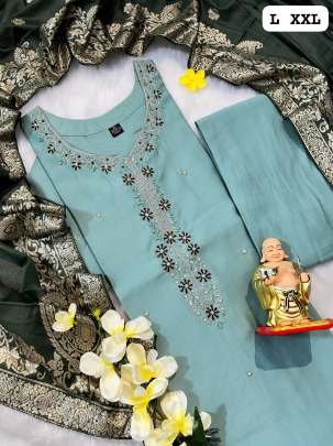 New Style Hand Work Light Blue Top, Bottom Dupatta Set