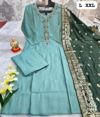 New Style Hand Work Light Blue Top, Bottom Dupatta Set