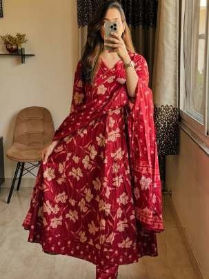 New Style Sanganeri Print Red Colour Anarkali Kurti Pant Dupatta Set