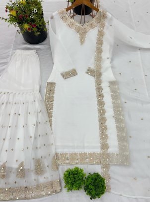 New White Festive Wear Silk Top Sharara With Dupatta