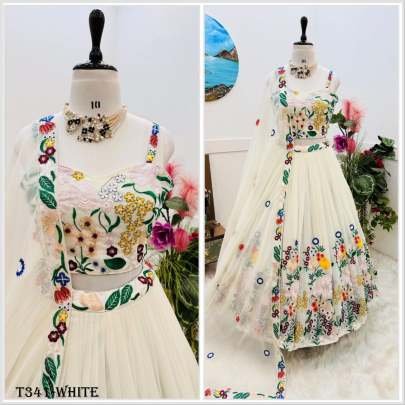 New White Real Modeling Georgette Lehenga Choli