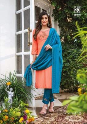Nikhaar Beautiful Neck Work Straight Kurti Pant Dupatta Set