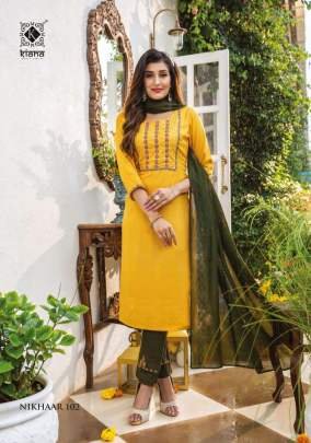 Nikhaar Beautiful Neck Work Straight Kurti Pant Dupatta Set