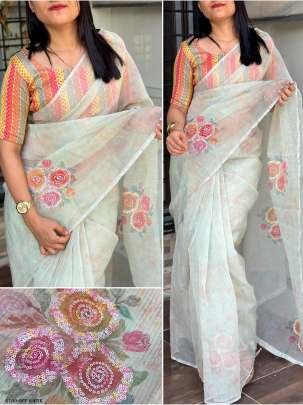 Off White 3D Digital Printed Soft Organza Saree With Sequence Work