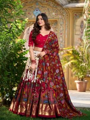 Off White Kalamkari Print Tussar Silk Lehenga Choli With Gota Patti Border Dupatta