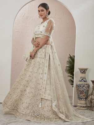 Off White Stone and Embroidered Work Net Lehenga choli