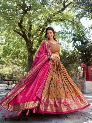 Offer Collection Designer Kalamkari Print Brown Silk Lehenga Choli