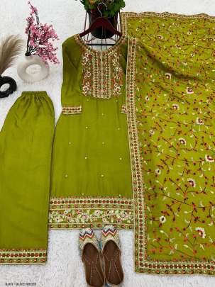 Olive Green Sequence Work Top Pant With Dupatta Set