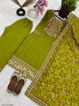 Olive Green Sequence Work Top Pant With Dupatta Set