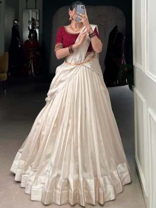 Onam Festive Special Maroon Blouse With White Half Lehenga Saree