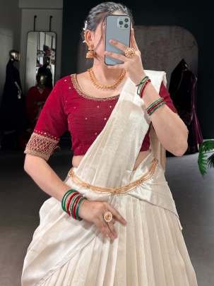 Onam Festive Special Maroon Blouse With White Half Lehenga Saree