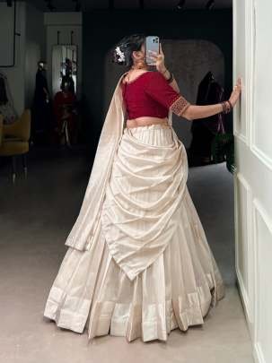 Onam Festive Special Maroon Blouse With White Half Lehenga Saree