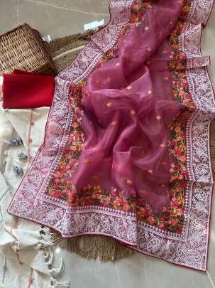  Onion Pink Embroidery Work Organza Silk Saree