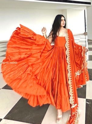 Orange Anarkali Faux Georgette Fully Ruffle Flair Gown 