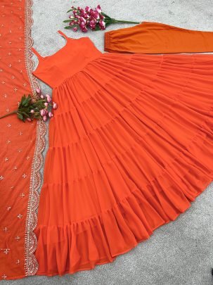 Orange Anarkali Faux Georgette Fully Ruffle Flair Gown