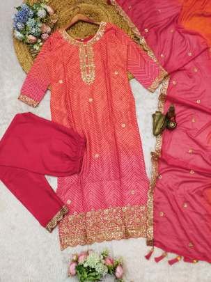 Orange And Pink Designer Bandhani Print Chinon Three Piece Kurtis Set