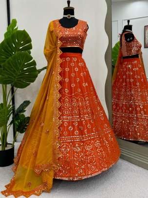 Orange Chinon Fabric Thread With 9mm Sequence Work Lehengha Choli Dupatta