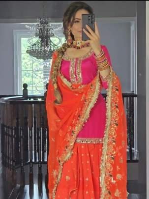 Orange Designer Embroidery Sequince Work Malai Silk Dhoti Skirts Suits