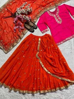 Orange Designer Embroidery Sequince Work Malai Silk Dhoti Skirts Suits