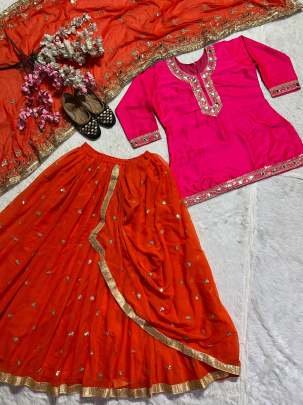 Orange Designer Embroidery Sequince Work Malai Silk Dhoti Skirts Suits