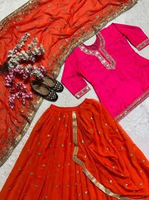 Orange Designer Embroidery Sequince Work Malai Silk Dhoti Skirts Suits