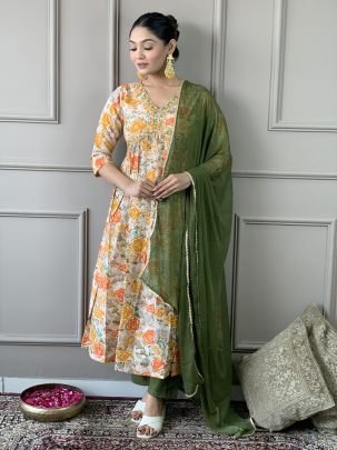 Orange Embroidered Chinon Alia Cut Kurti Pant Set with Dupatta 