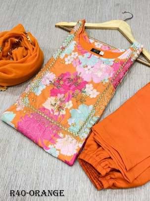 Orange Fancy Flower Printed Pure Rayon Kurti