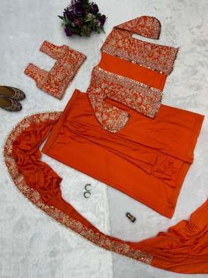 Orange Party Wear Ready To Wear Uniqe Style Sarees