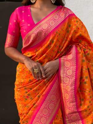 Orange Patola Silk Saree With Contrast Border
