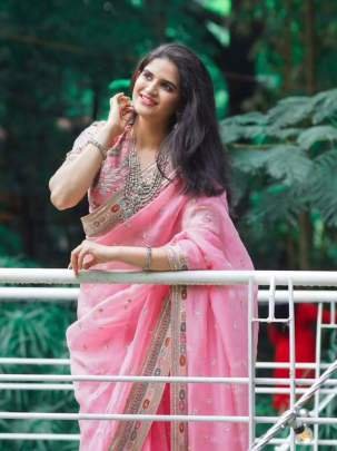 Organza Silk Embroidery Work Pink Saree