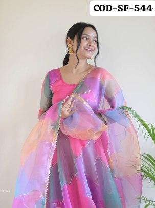 Organza Silk Heavy  With Digital Print And Handwork Full Sleeve gown