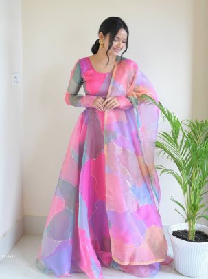 Organza Silk Heavy  With Digital Print And Handwork Full Sleeve gown