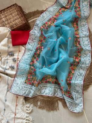 Organza Silk Light Blue Saree With Embroidery Work