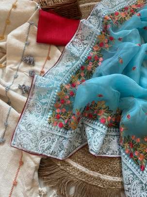 Organza Silk Light Blue Saree With Embroidery Work